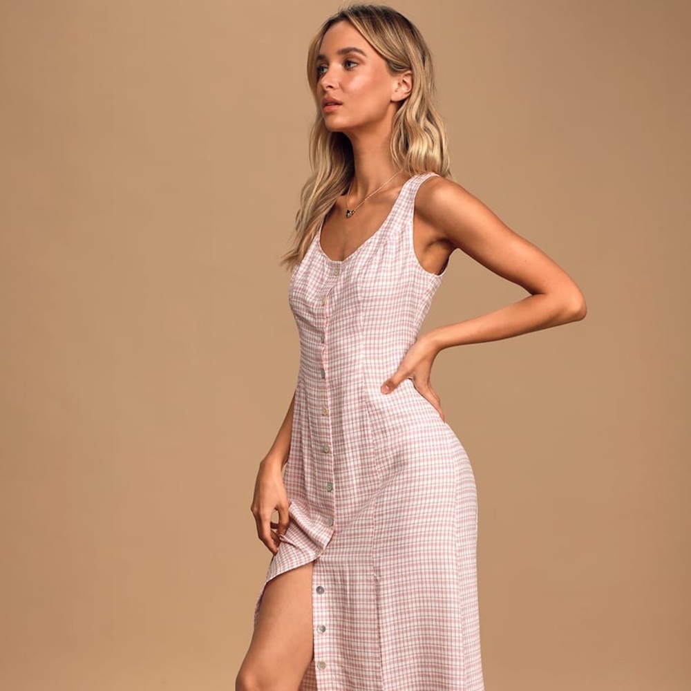 COPY - Lulus Pink Gingham Button Summer Midi Dres…
